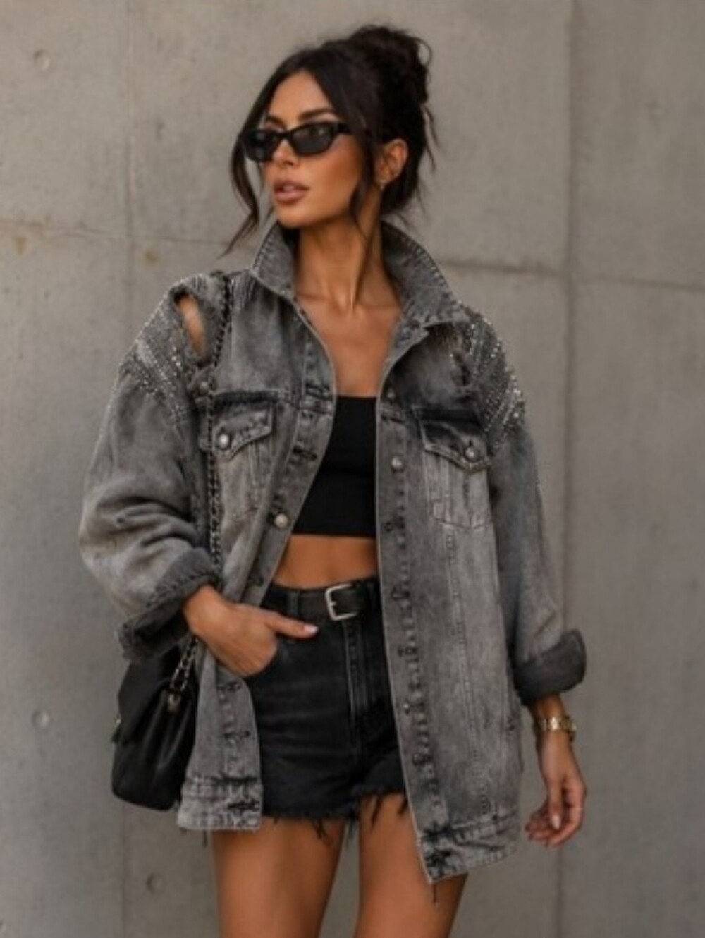 Stud-Embellished Grey Washed Denim Jacket - Picture 4 of 10